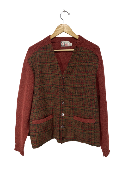 1960s Brick Red Houndstooth Panels Wool  Men’s Cardigan / Size L