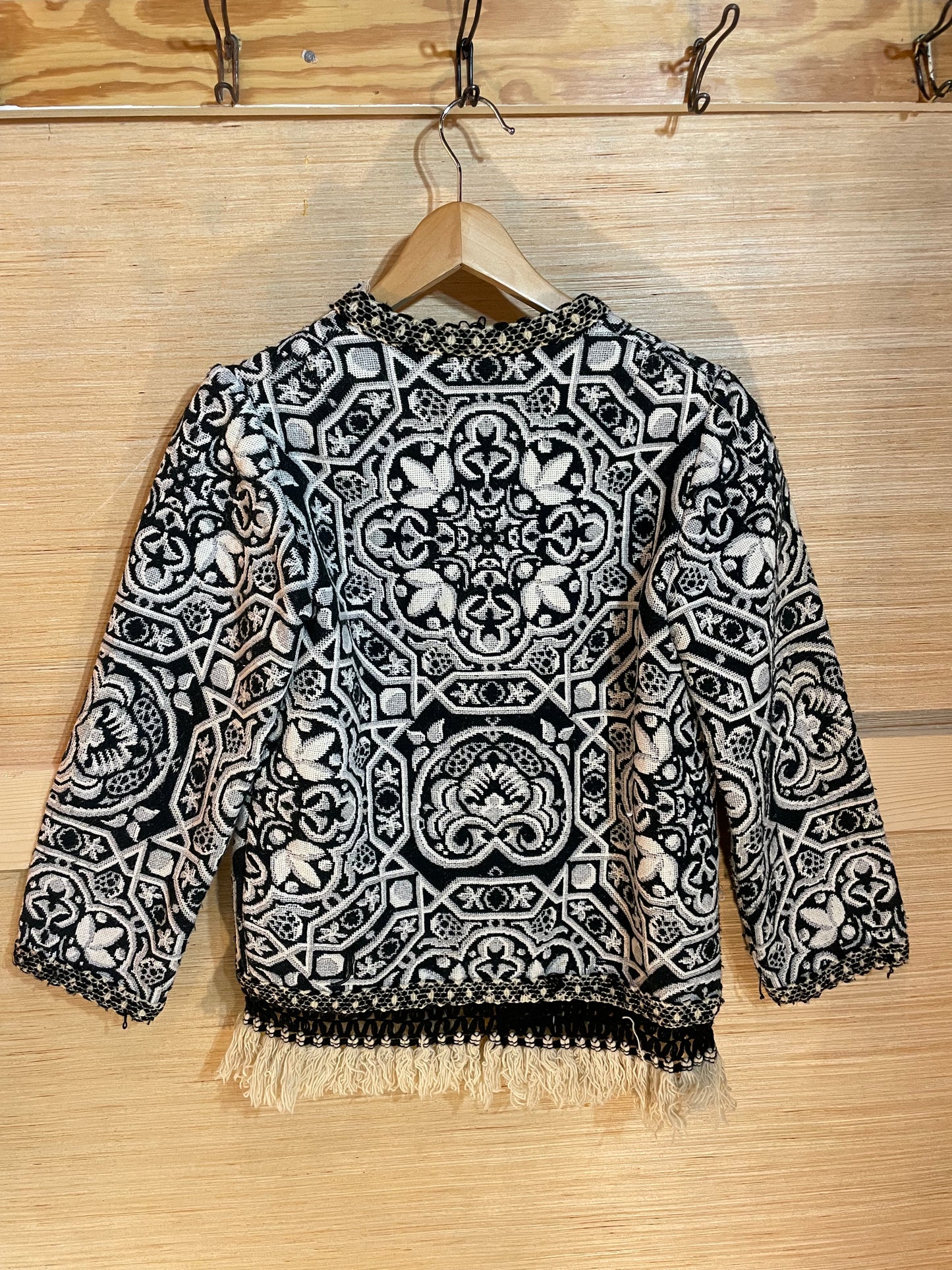 1960s Black White Cotton Tapestry Fringe Zip Jacket