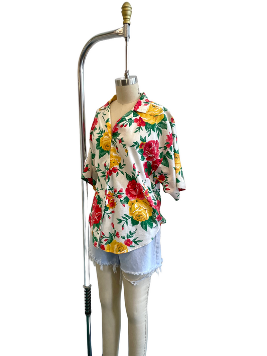 1980s Caribou Red Yellow Floral Cotton Blouse