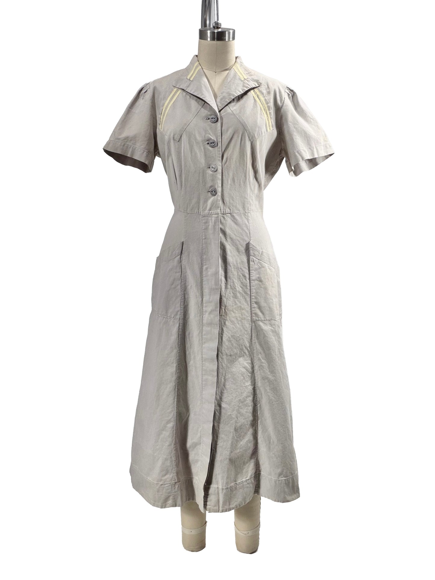 1930s Gray Distressed Cotton Uniform Smock Dress