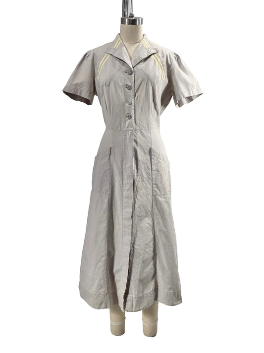 1930s Gray Distressed Cotton Uniform Smock Dress