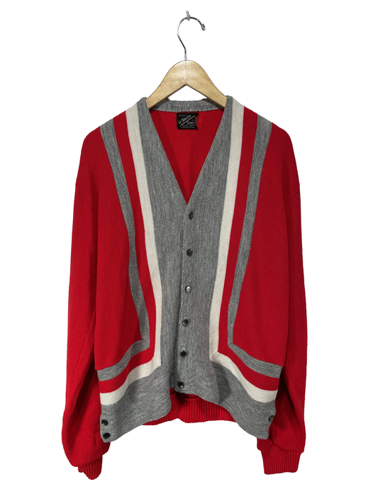 1960s Red Grey White Broad Stripe Acrylic Men’s Cardigan