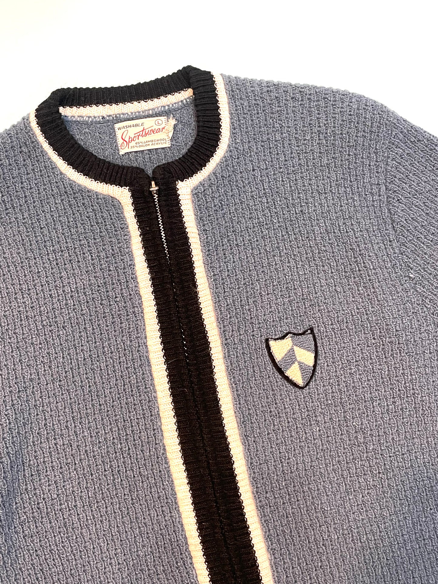 1960s Blue Black White Knit Shield Crest Lambswool Zip Front Cardigan