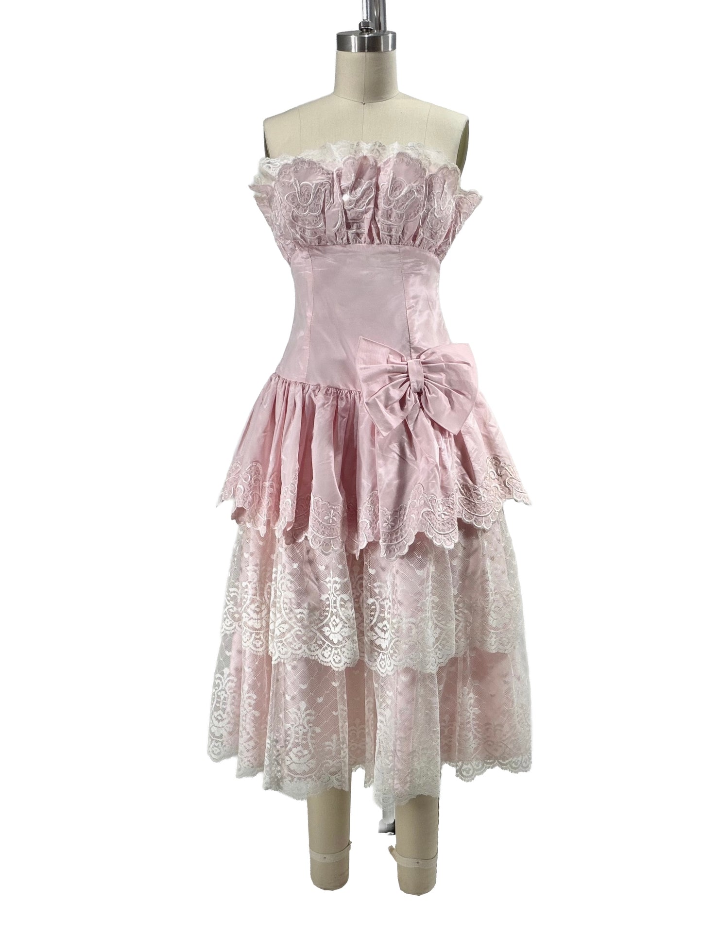 1980s Pink Lace Taffeta Strapless Party Dress