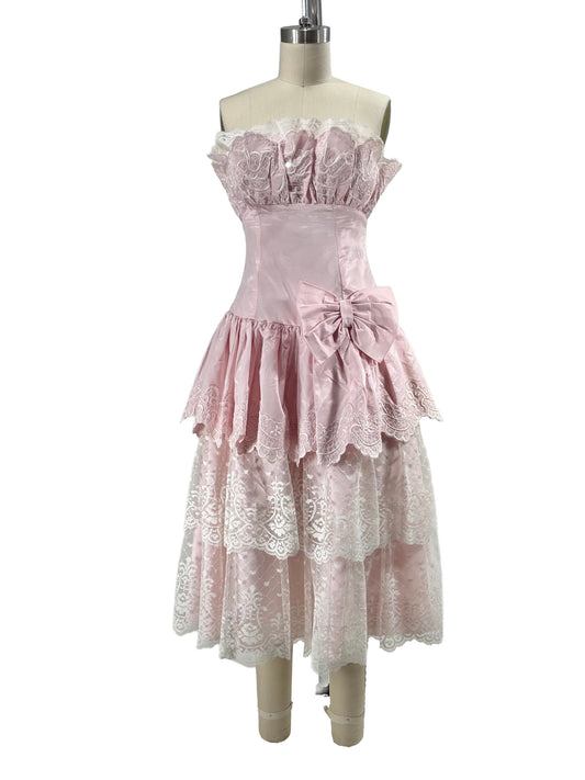 1980s Pink Lace Taffeta Strapless Party Dress