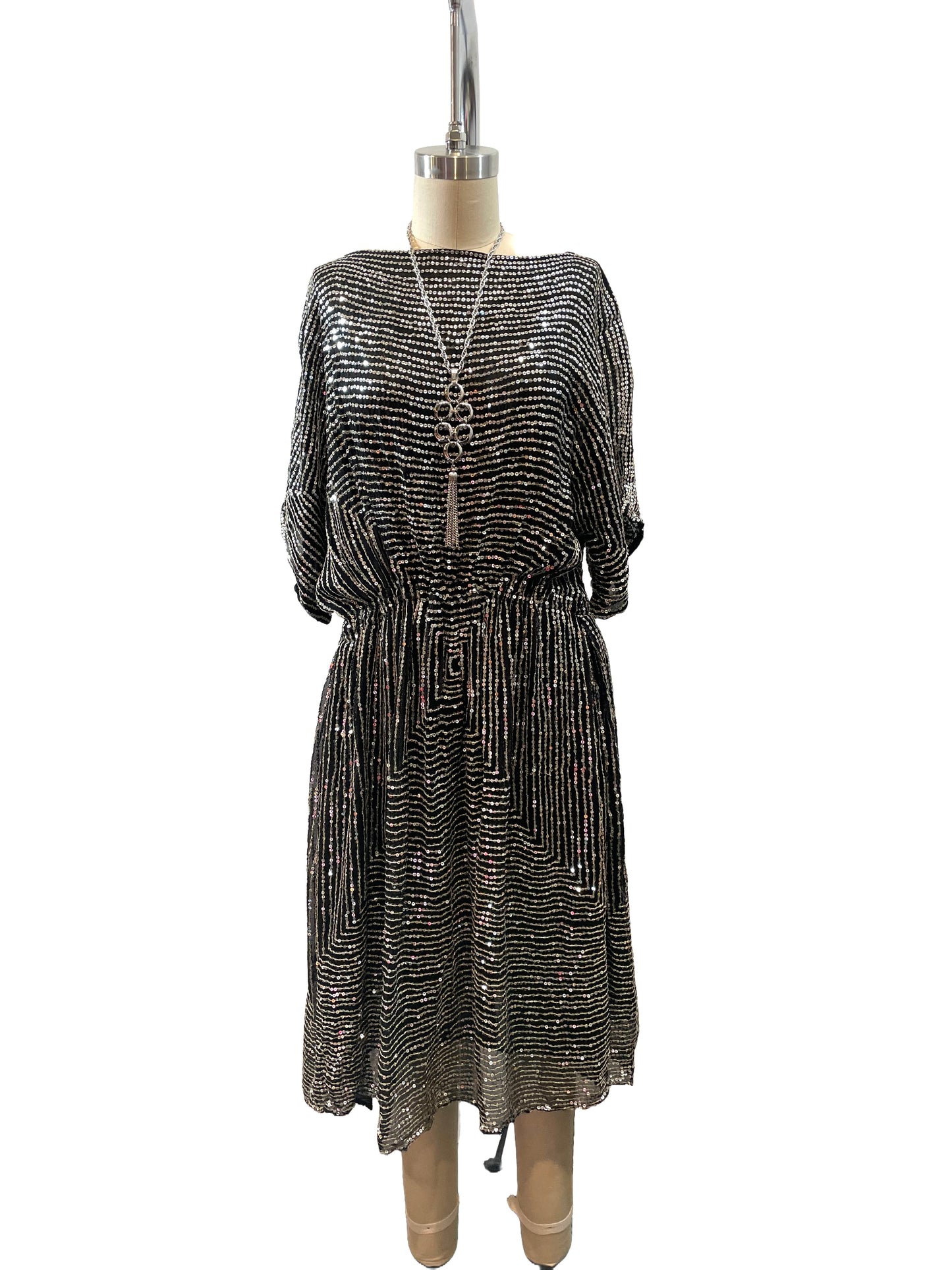 1980s Saks Fifth Avenue Silk Sequin Fit and Flare Dress