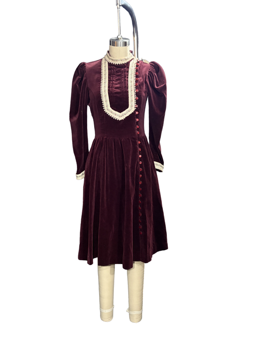 1970s Maroon Velvet Authentic Gunne Sax Edwardian-Inspired Prairie Dress