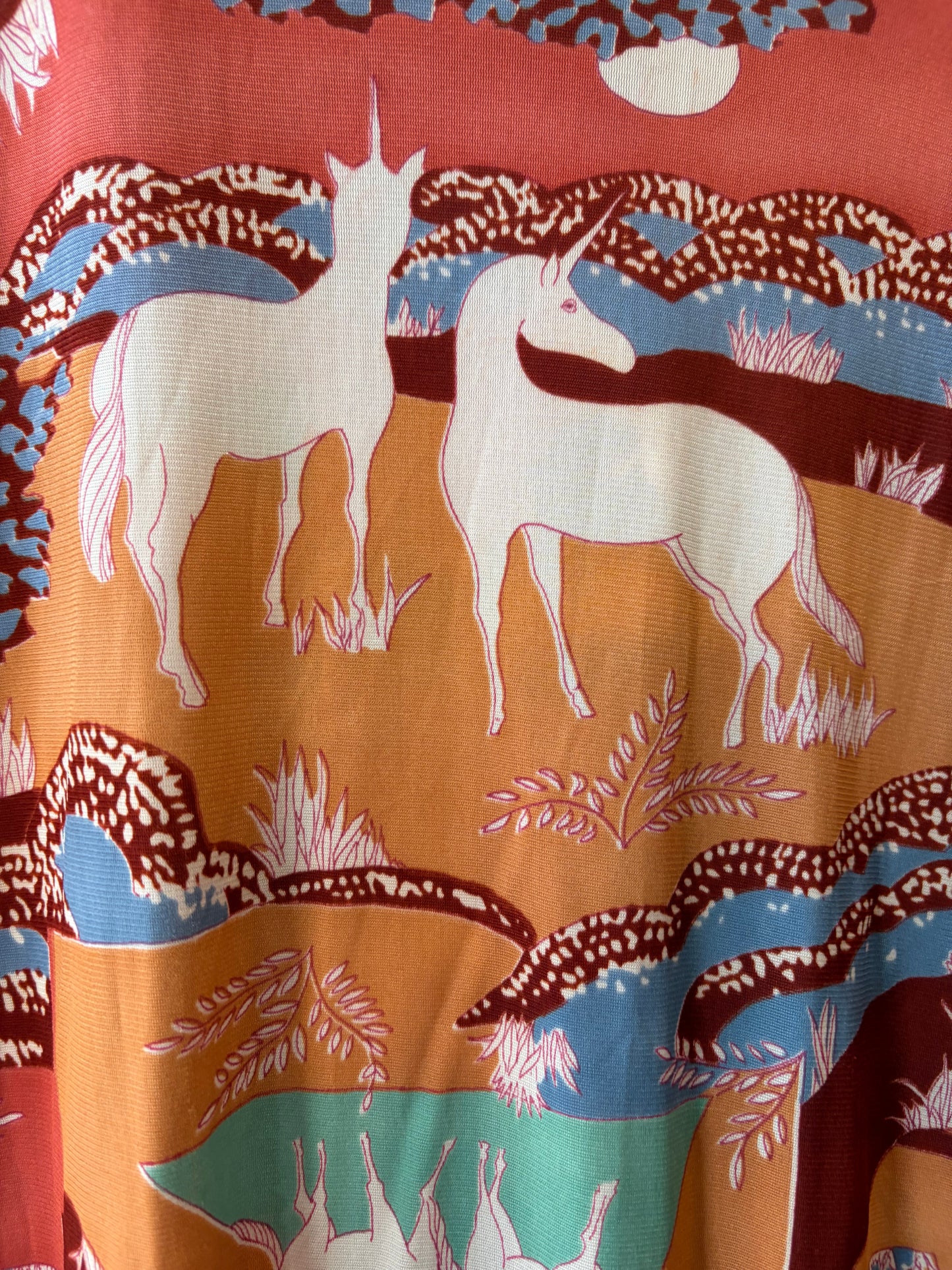 1970s Copper Tones Unicorn Print Nylon Leisure Men’s Shirt