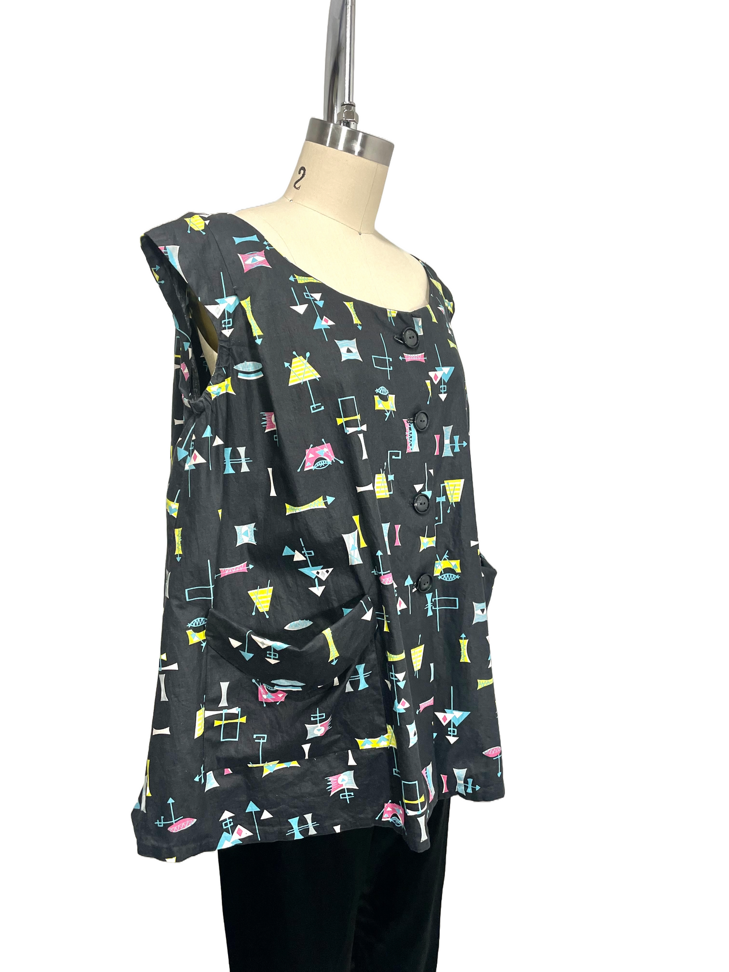 1950s Atomic Ab Ex Print Black Cotton Sleeveless Smock