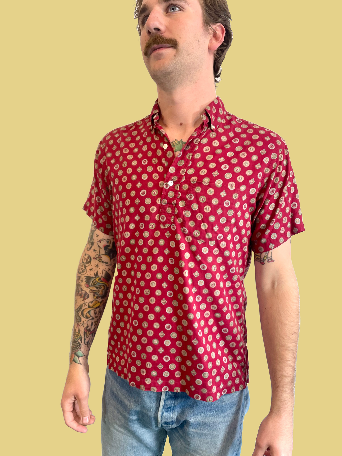 1950s Burgundy Medallion Cotton Oxford Popover Shirt