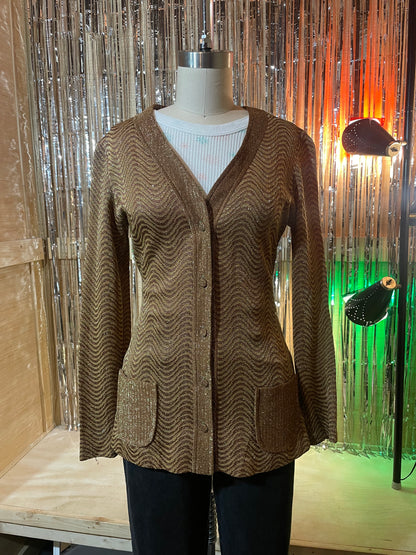 1970s Brown Tinsel Weave Swirl Cardigan