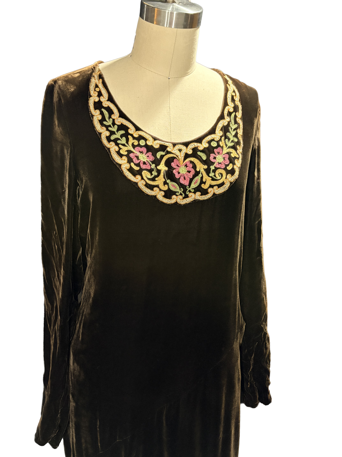 1920s Brown Silk Velvet Bias-Cut Embroidered Scoop Neck Evening Dress