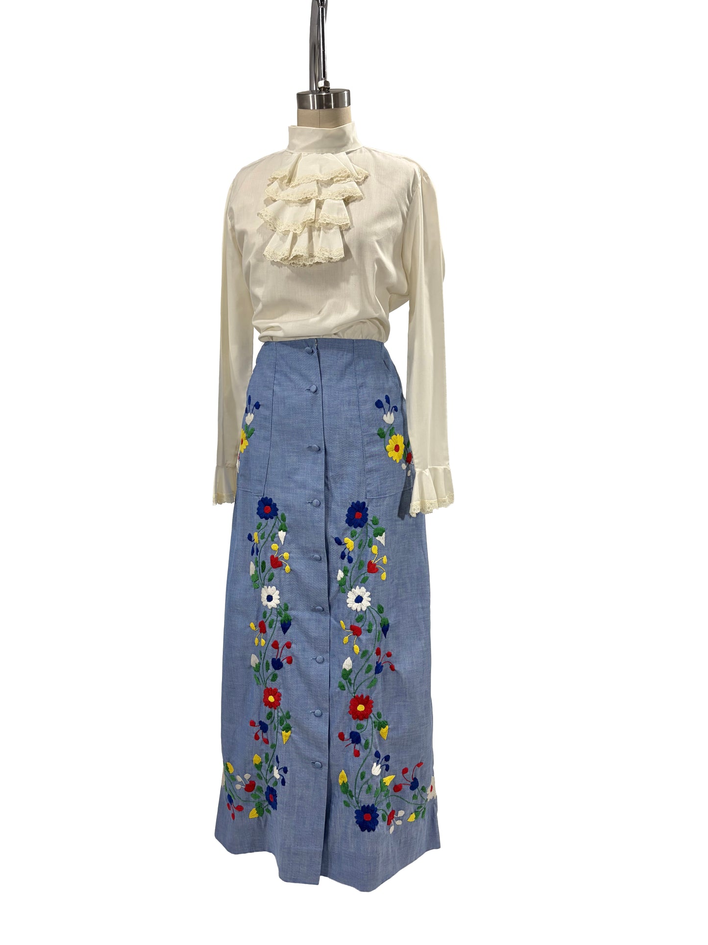 1970s Chambray Full Placket Embroidered Maxi Skirt