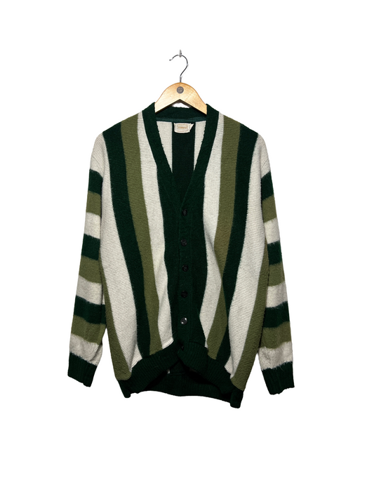 1960s White Green Olive Acrylic ‘Brent’ Variegated Stripe Cardigan
