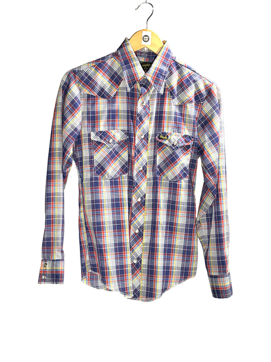 1970s Blue Plaid Wrangler Western Snap Shirt