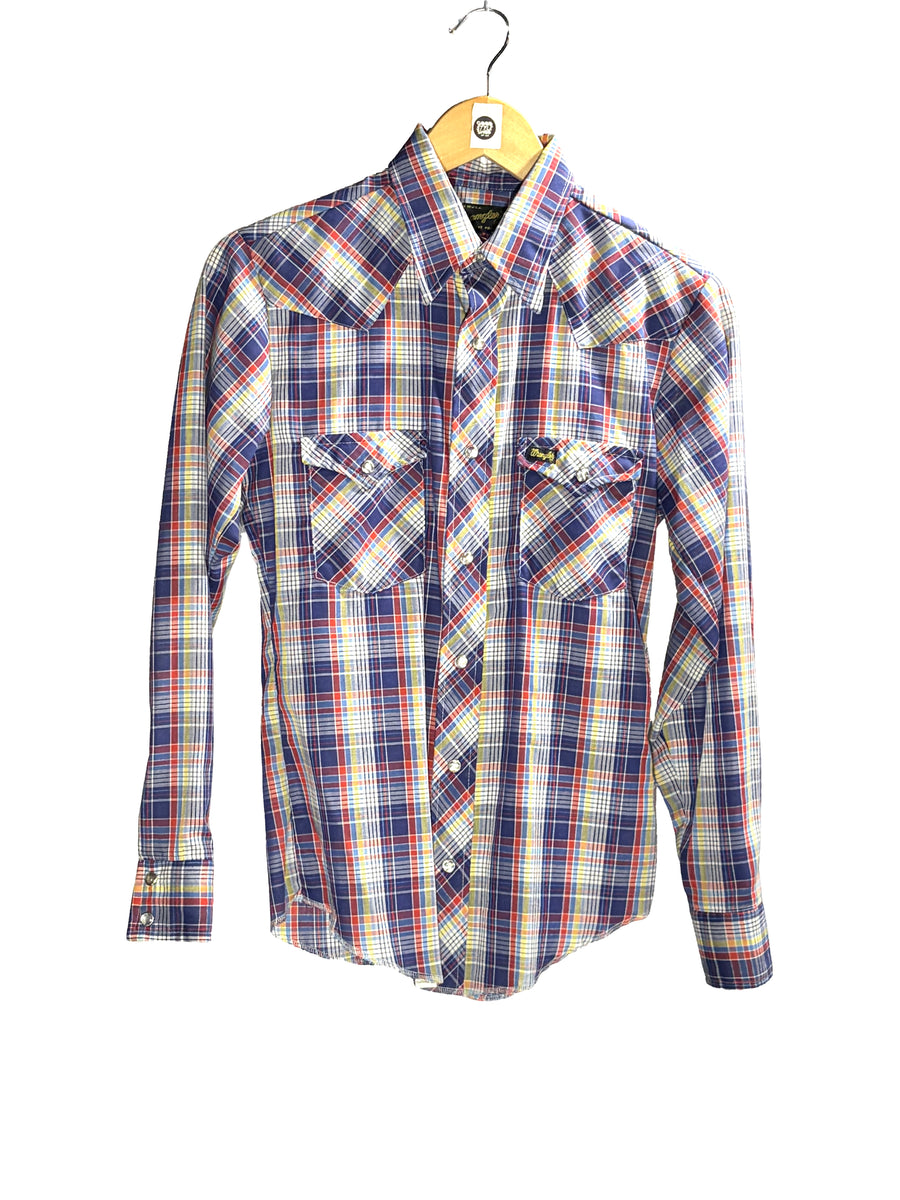 1970s Blue Plaid Wrangler Western Snap Shirt