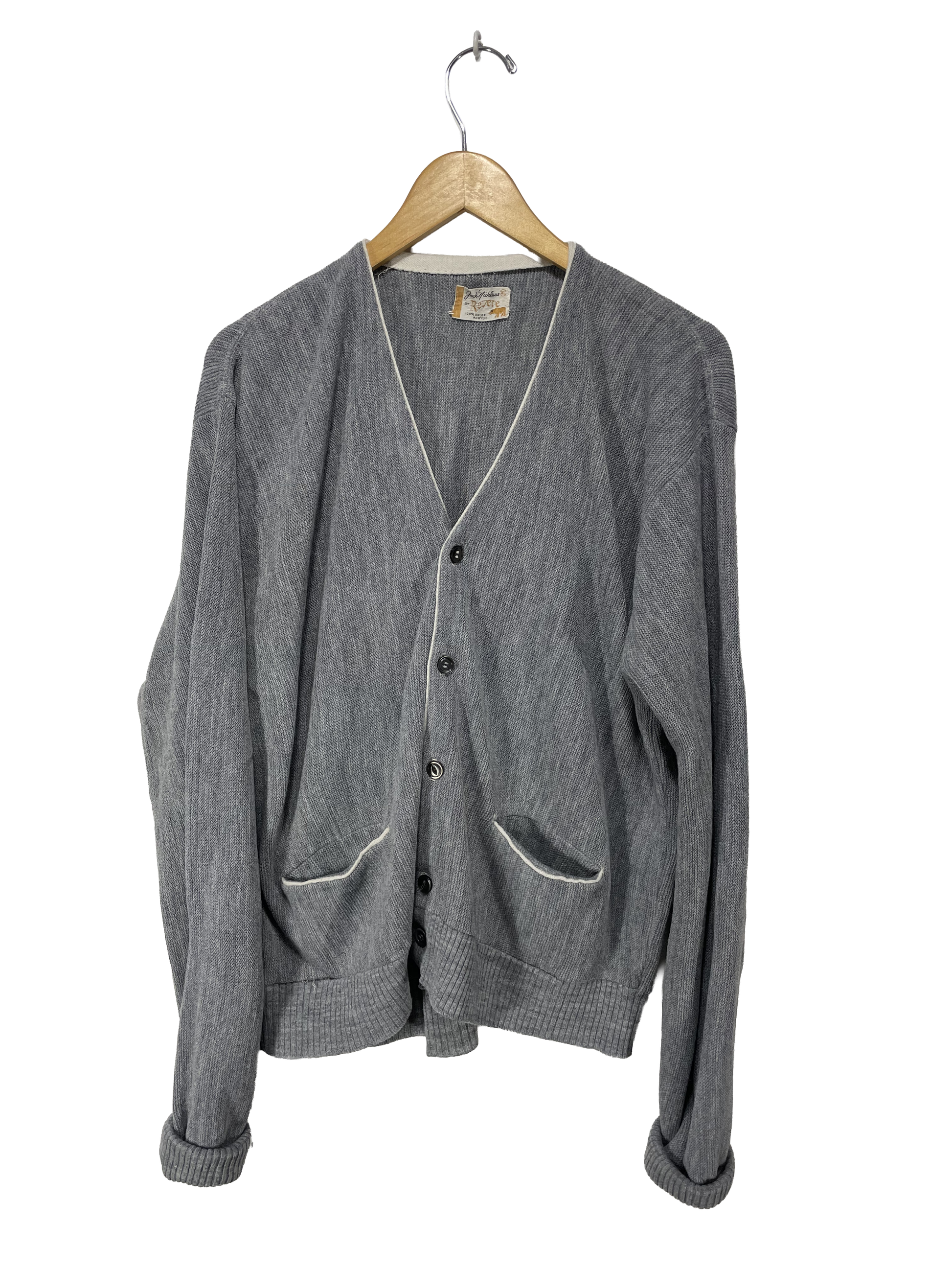 1960s Grey White Trim Orlon Acrylic Men's Cardigan / Size XL