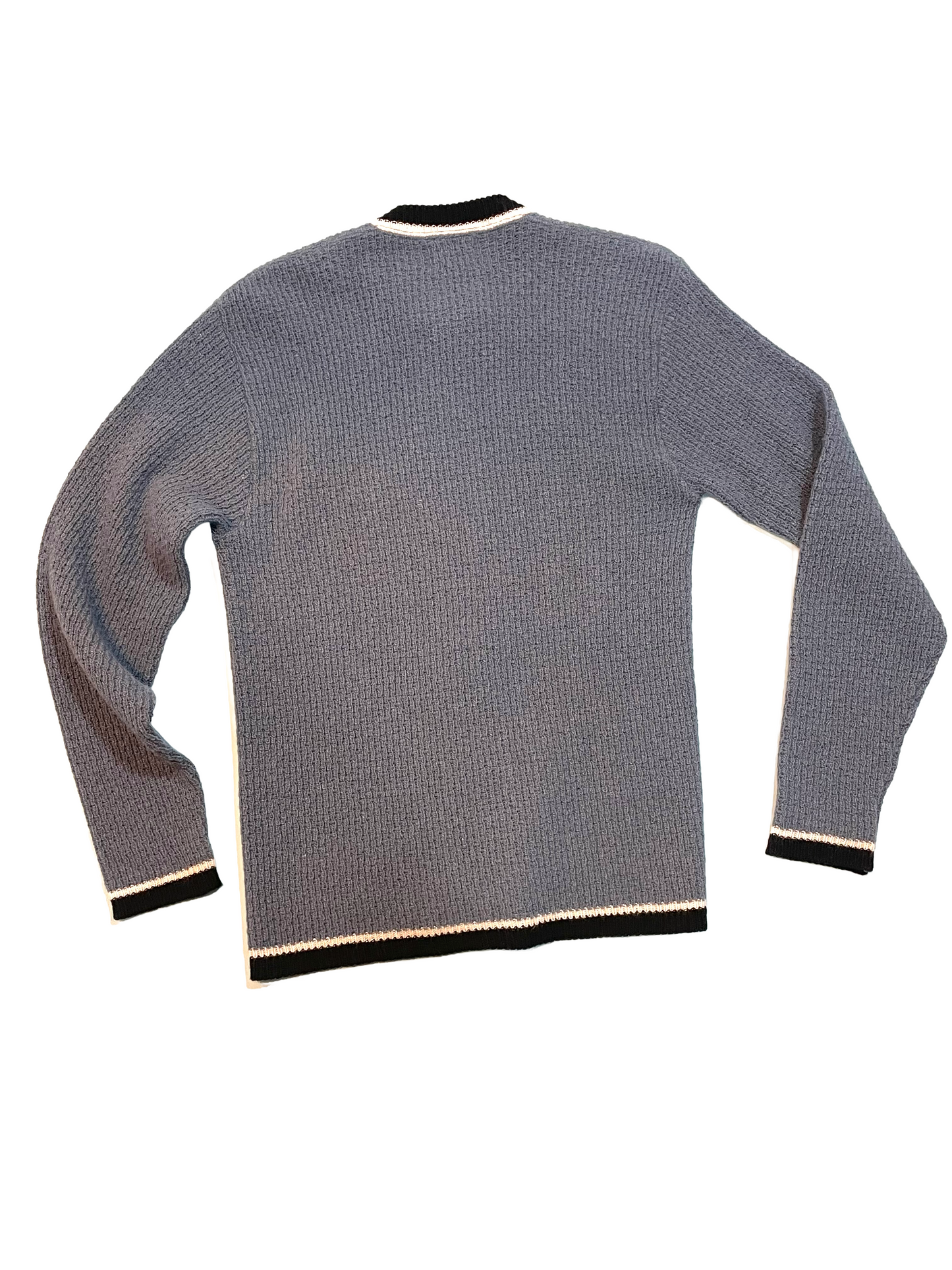 1960s Blue Black White Knit Shield Crest Lambswool Zip Front Cardigan