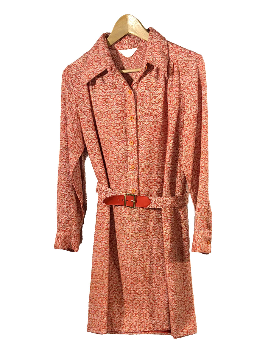1970s Orange White Psychedelic Pattern Shirt Dress