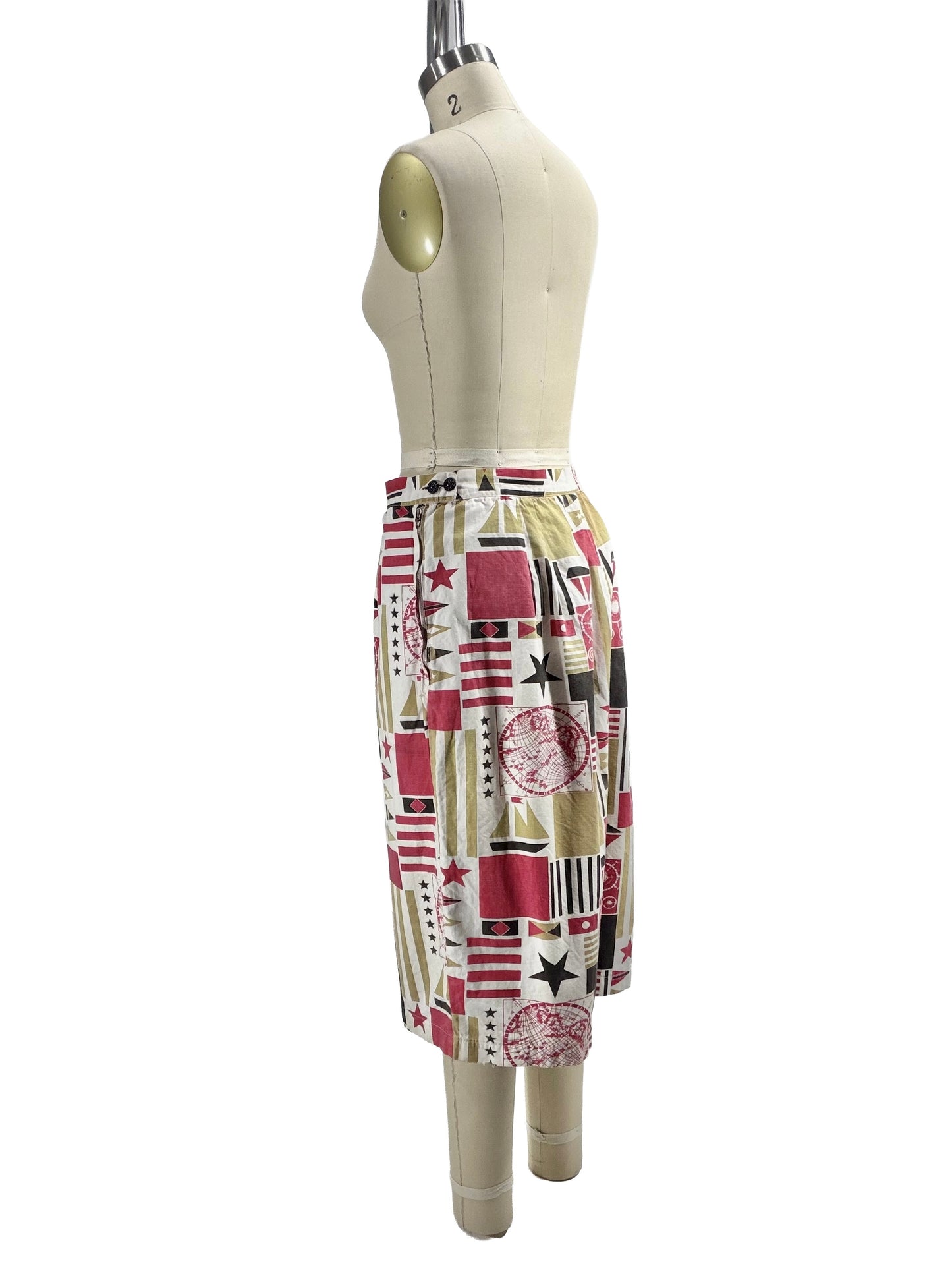 1950s Red White Black Tan Nautical Print Repair Work Cotton Playsuit