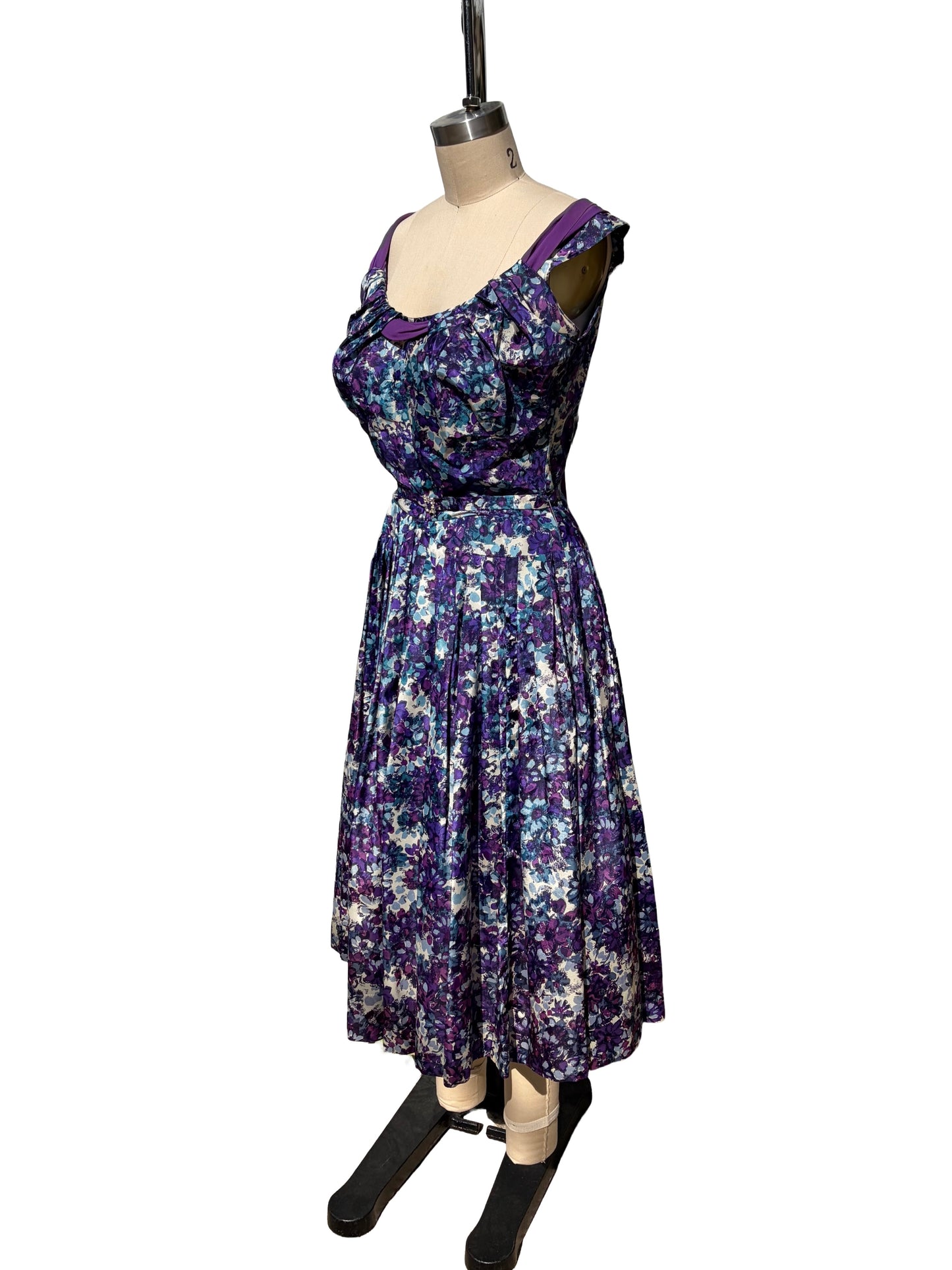 1950s Purple Blue White Floral Sash Collar Rhinestone Belt Party Dress
