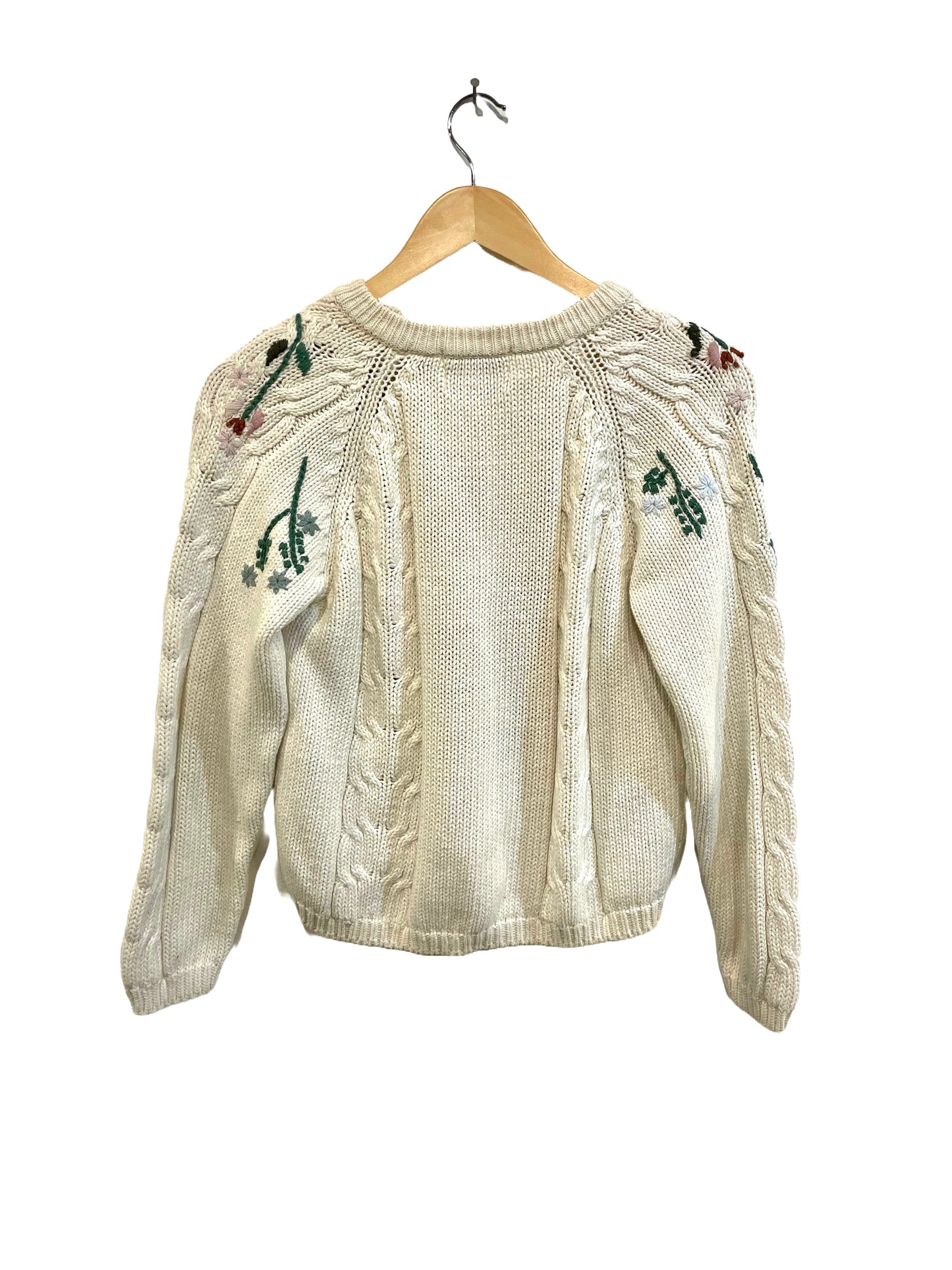 1980s White Ramie-Cotton Embroidered Cable Crop Cardi