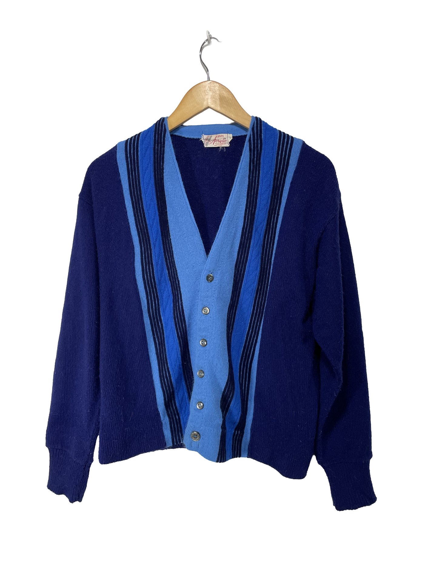 1960s Navy Cerulean Blue Cable Knit Acrylic Men’s Cardigan / Size XL