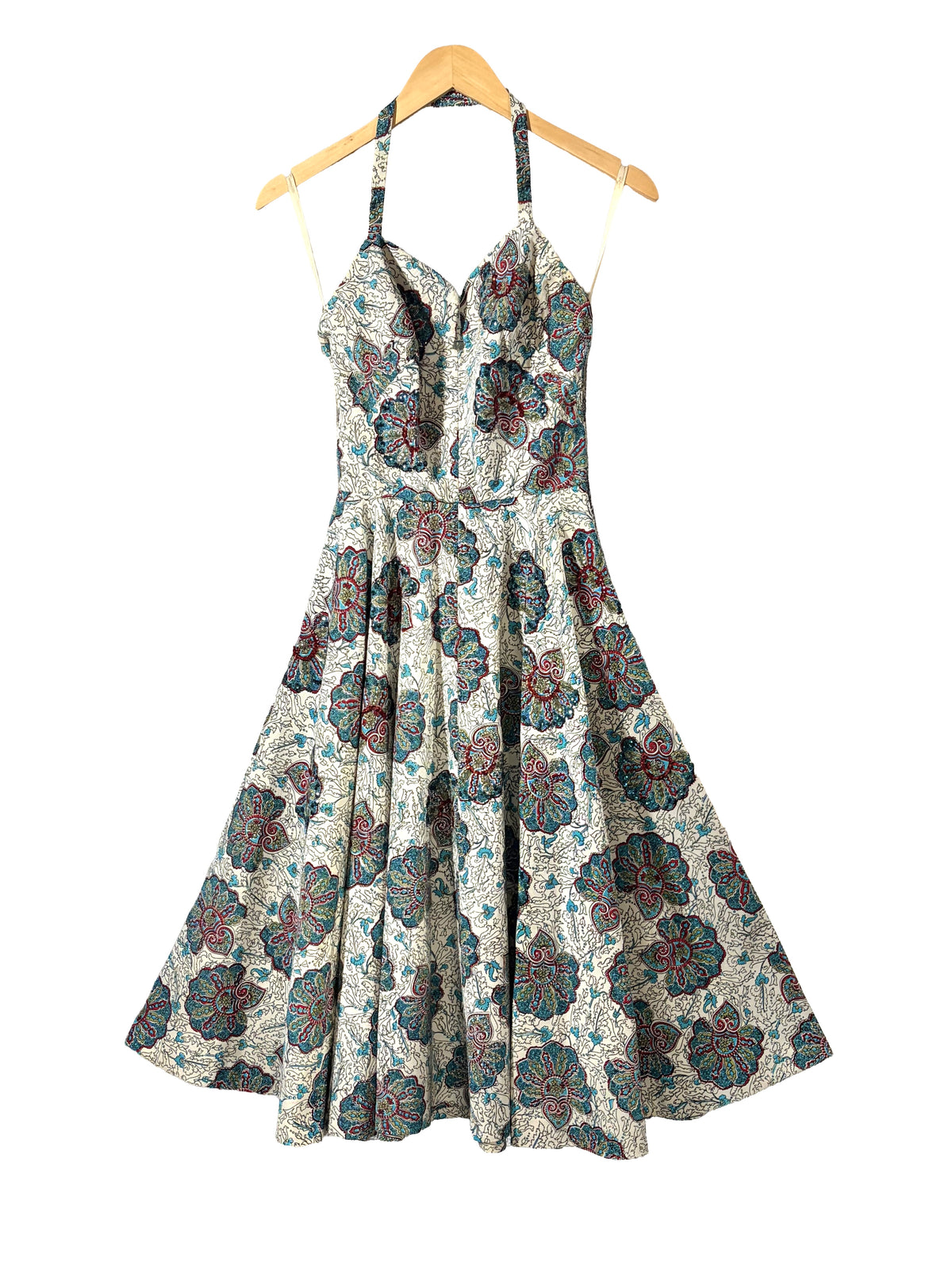 1950s Cream Teal Red Silk Faille Sequined Paisley Halter Fit-and-Flare Dress