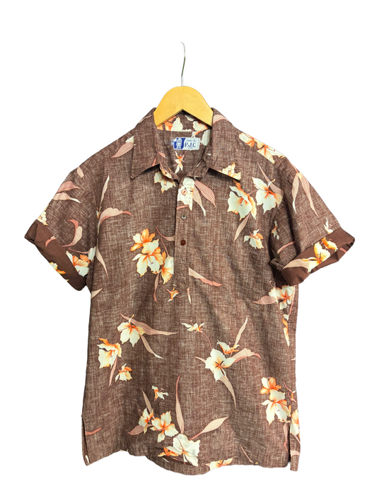 1960s Brown Reverse Print Hawaiian Pop-Over Shirt