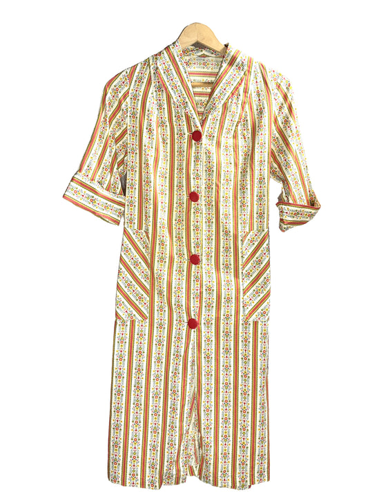 1950s White Red Yellow Sears Cotton Printed Novelty Button House Dress