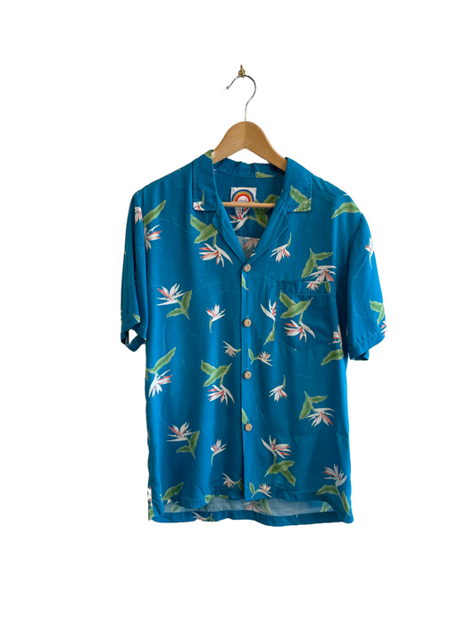 1980s Blue Floral Rayon Hawaiian Shirt