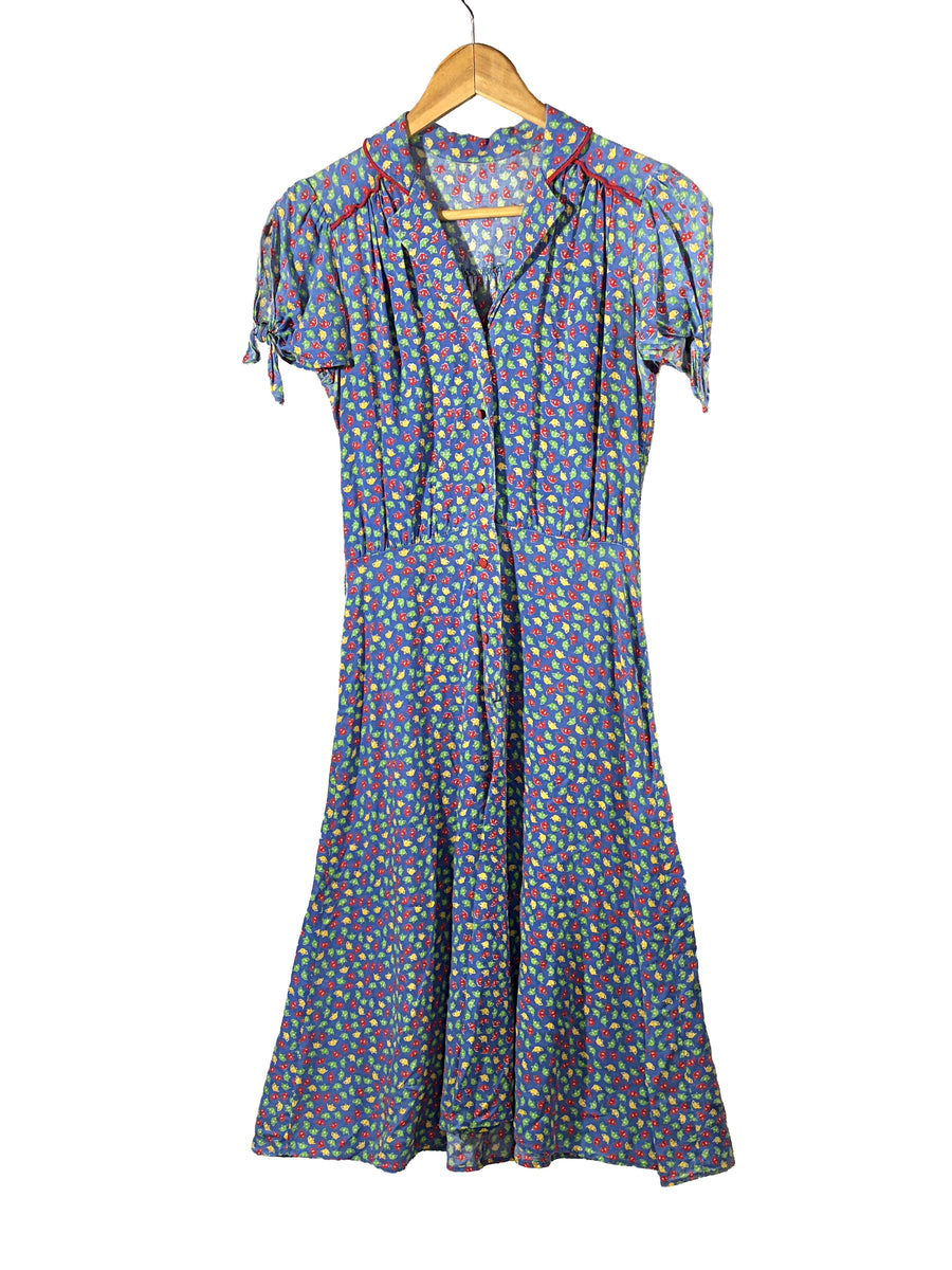 1930s Blue Depression-Era Teacup Print Rayon Dress