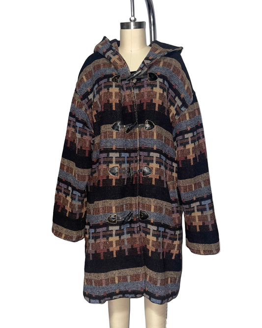 1980s Brown, Blue and Black Wool M Lyman Co. Hooded Toogle Coat