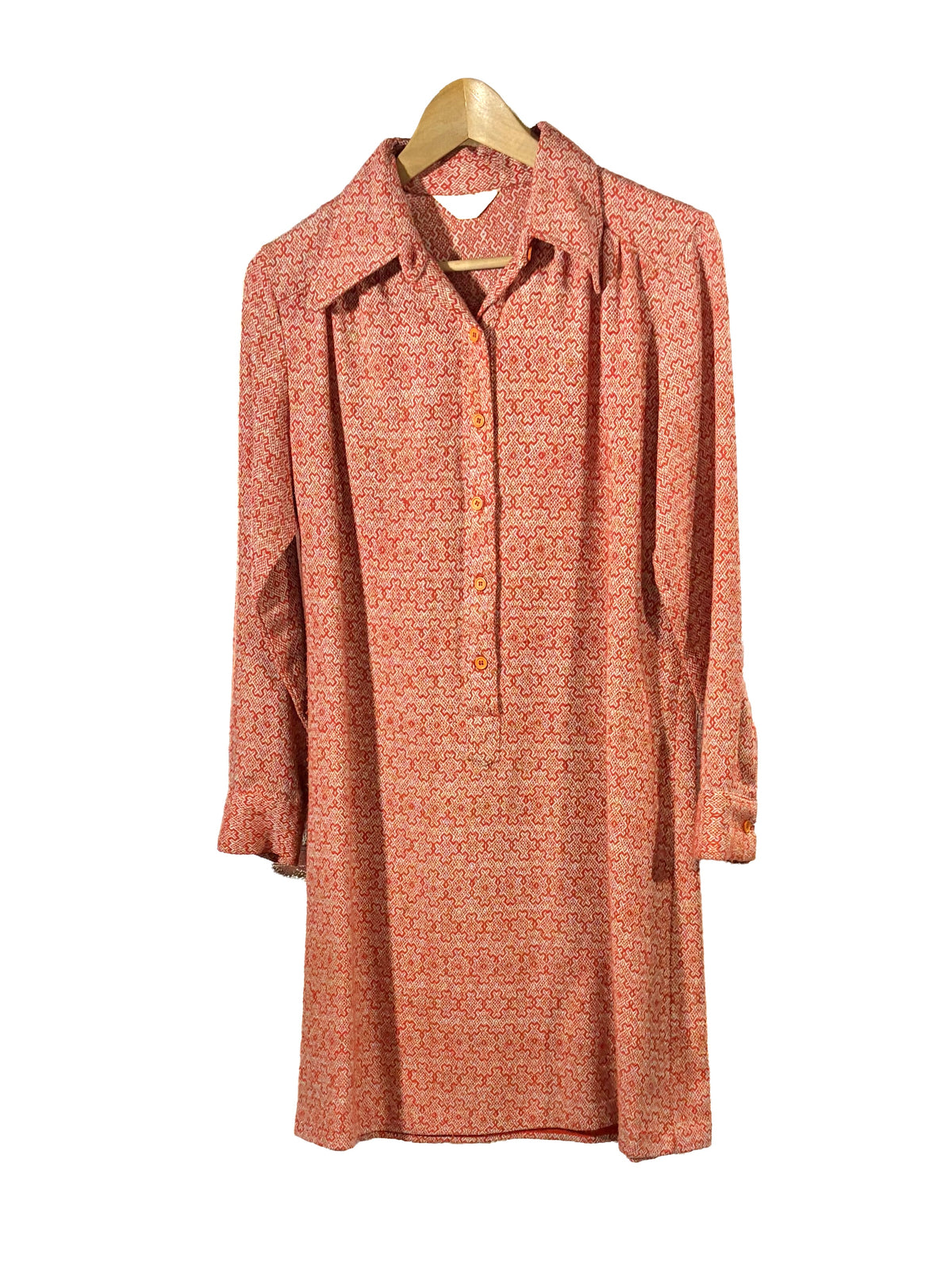 1970s Orange White Psychedelic Pattern Shirt Dress