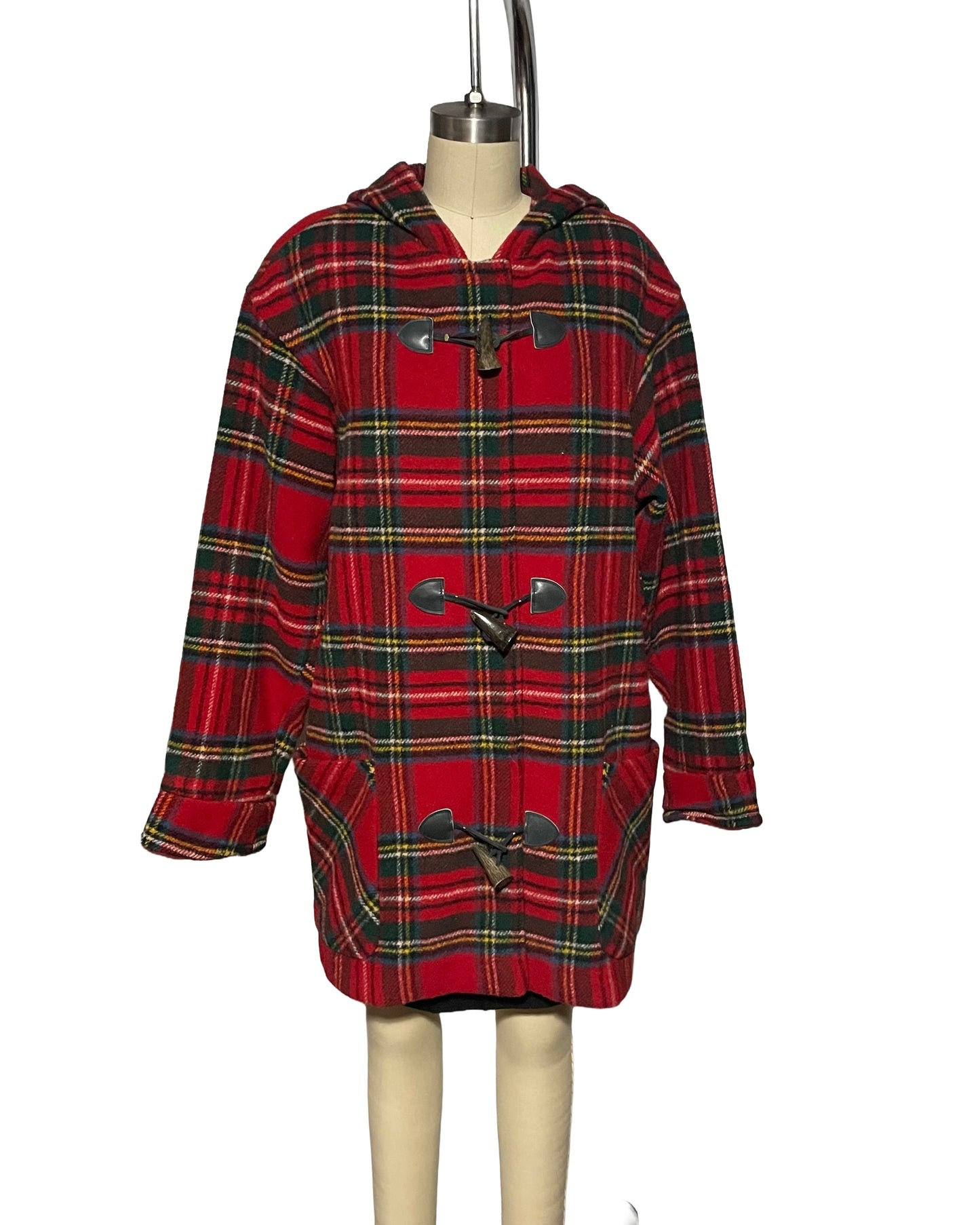 1990s Eddie Bauer Red Wool Plaid Toggle Button Coat