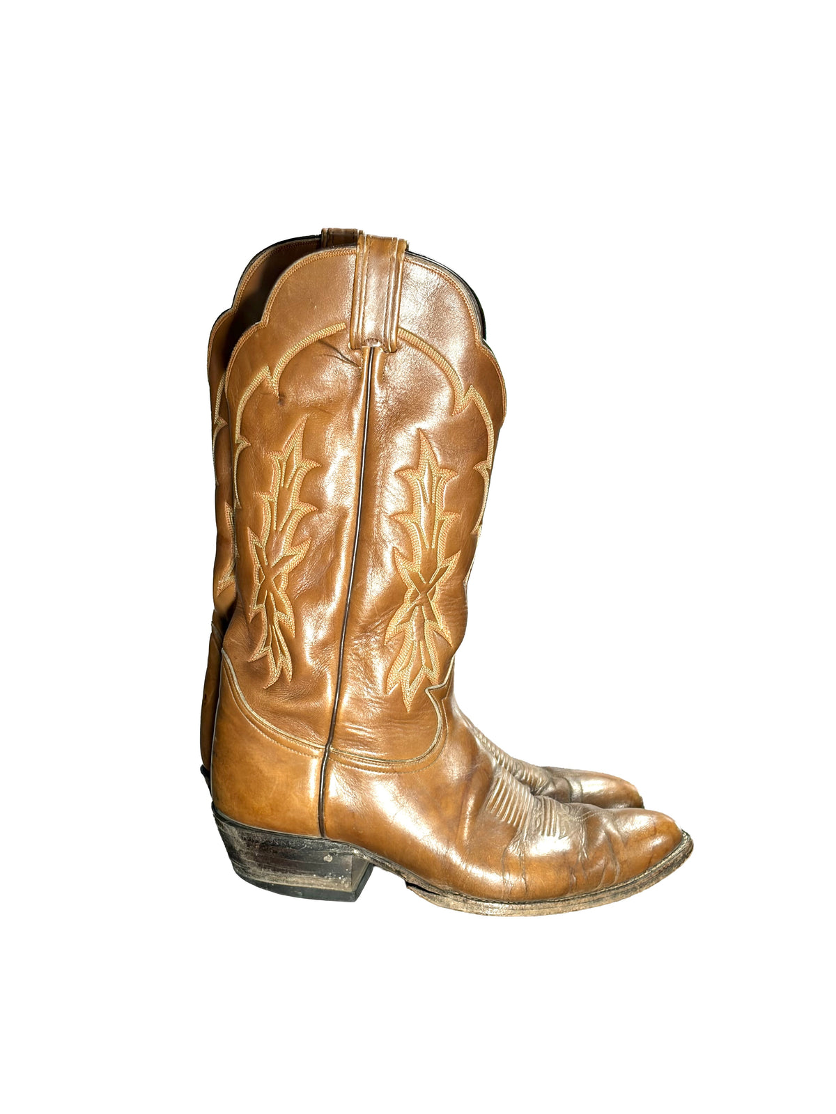 1970s Carmel Leather Embroidered Tony Lama Cowboy Boots