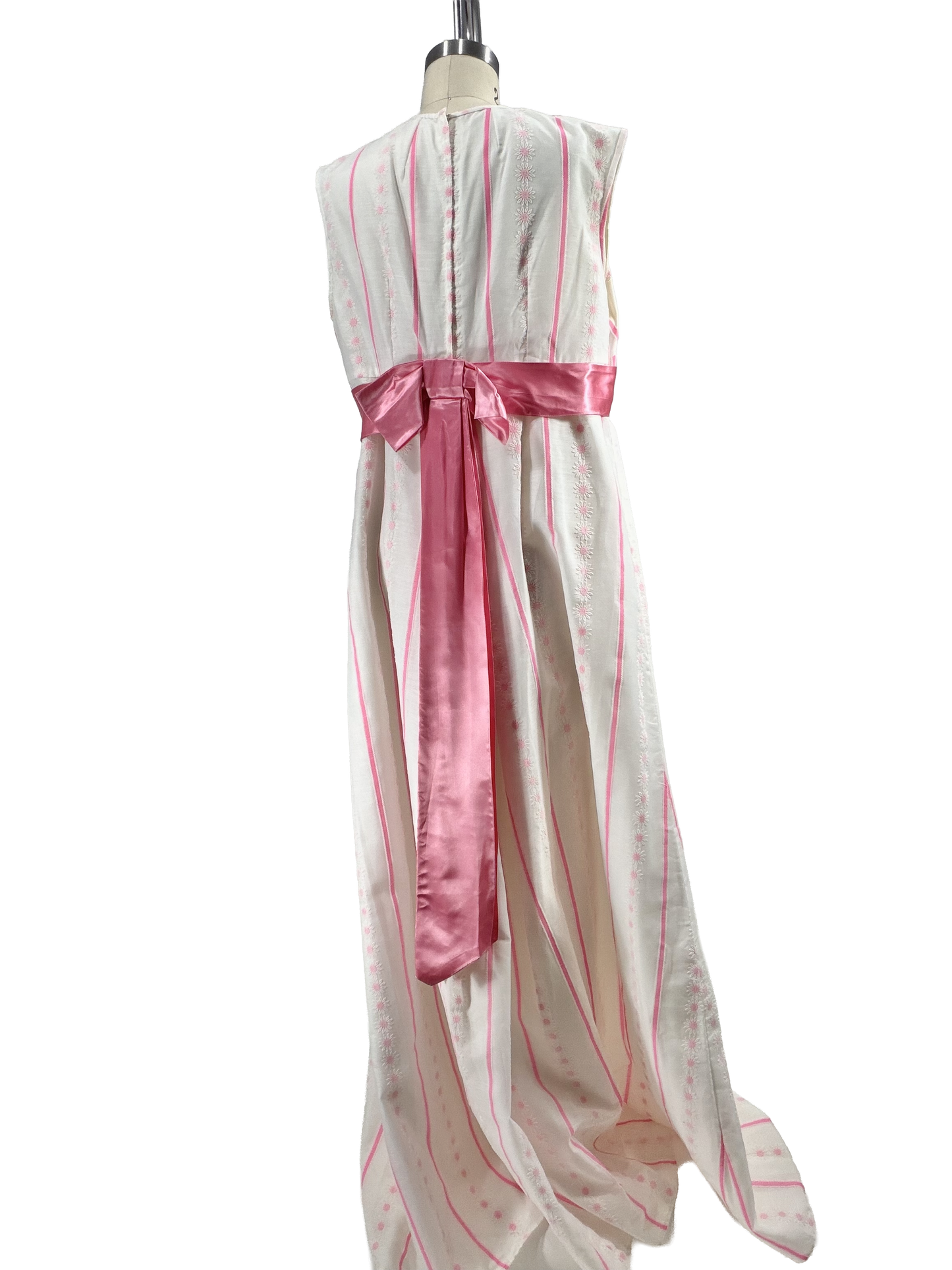 1960s White Hot Pink Chalk Stripe Sash Sleeveless Formal Gown