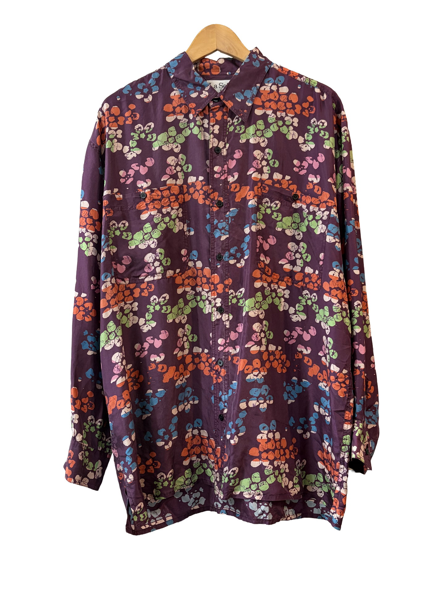 1980s Purple Abstract Print Washed Silk Men’s Shirt