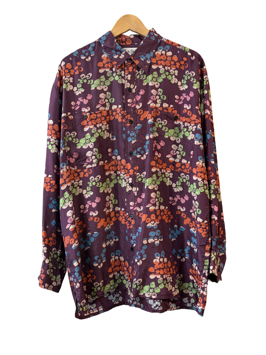 1980s Purple Abstract Print Washed Silk Men’s Shirt