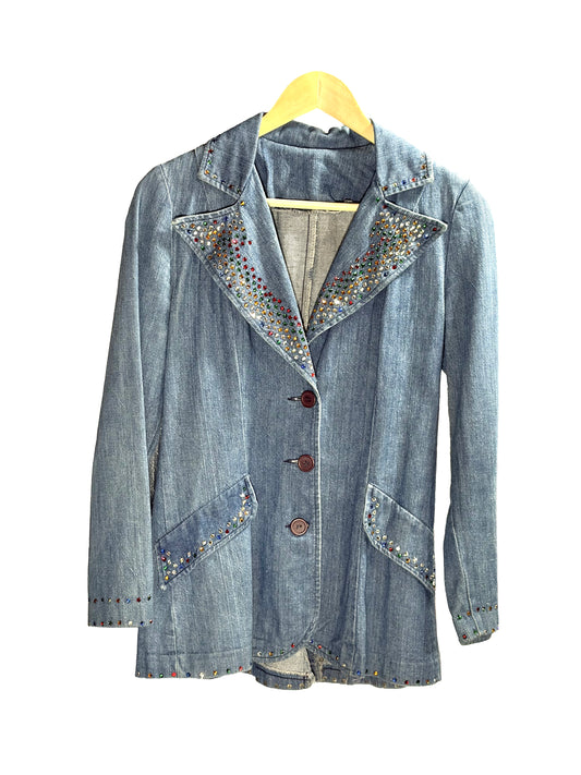 1970s Denim Rhinestone Embellished Fitted Blazer