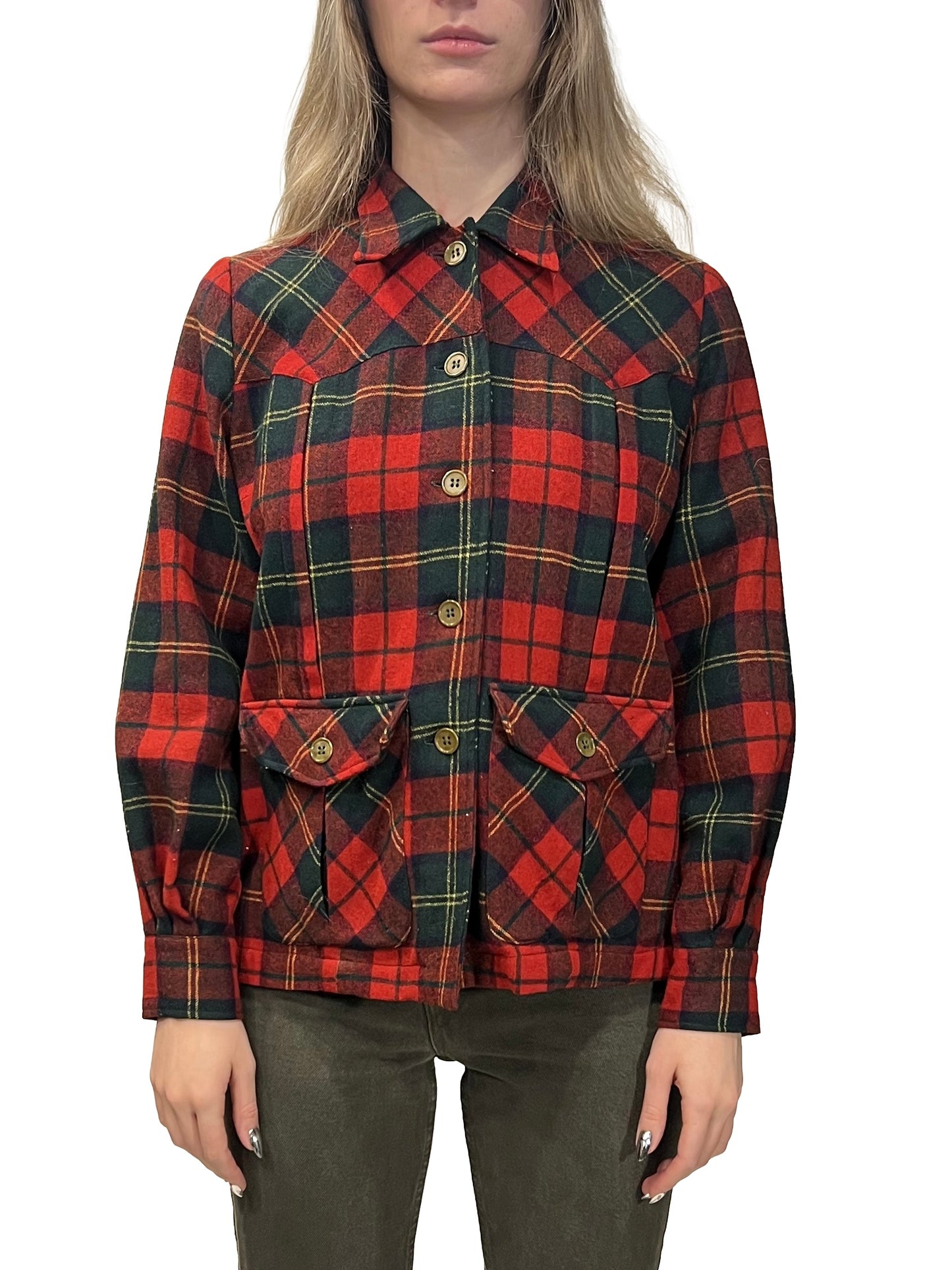 1950s Red Green Plaid ‘American Golfer’ Pleated Plaid Wool Shirt Jac