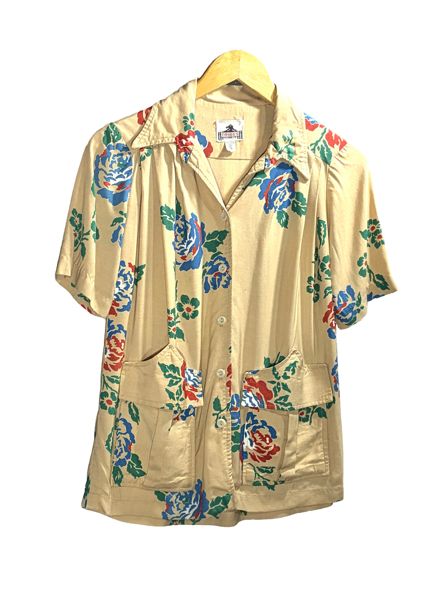 1970s Tan Floral Rayon ’Tribes’ Blouse