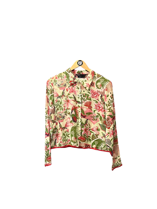 2000s Semi-Sheer Butterfly Floral Print Silk Button Down
