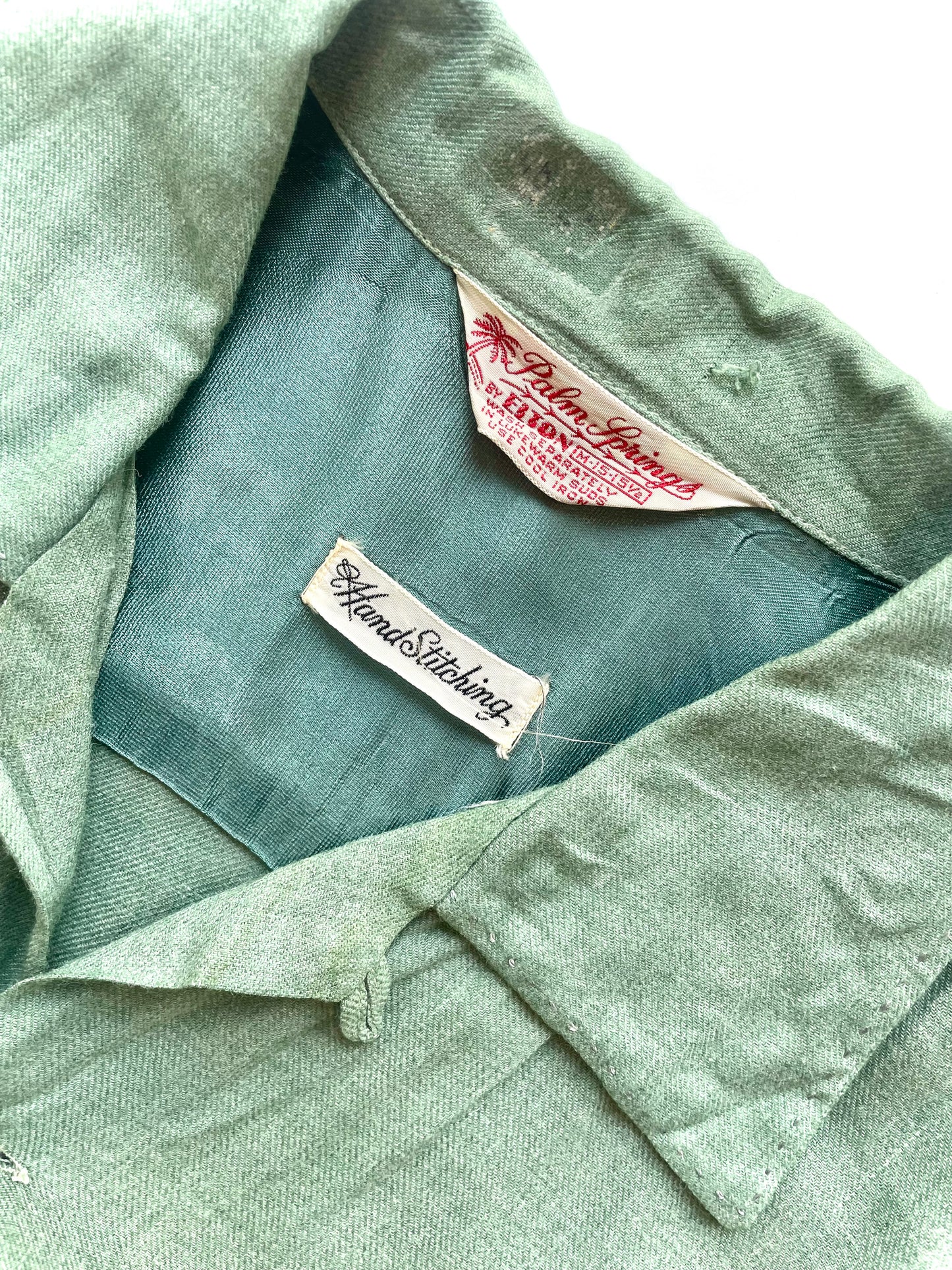 1950s XL Moss Green Gabardine Rayon Satin-Yoke Loop Collar Shirt