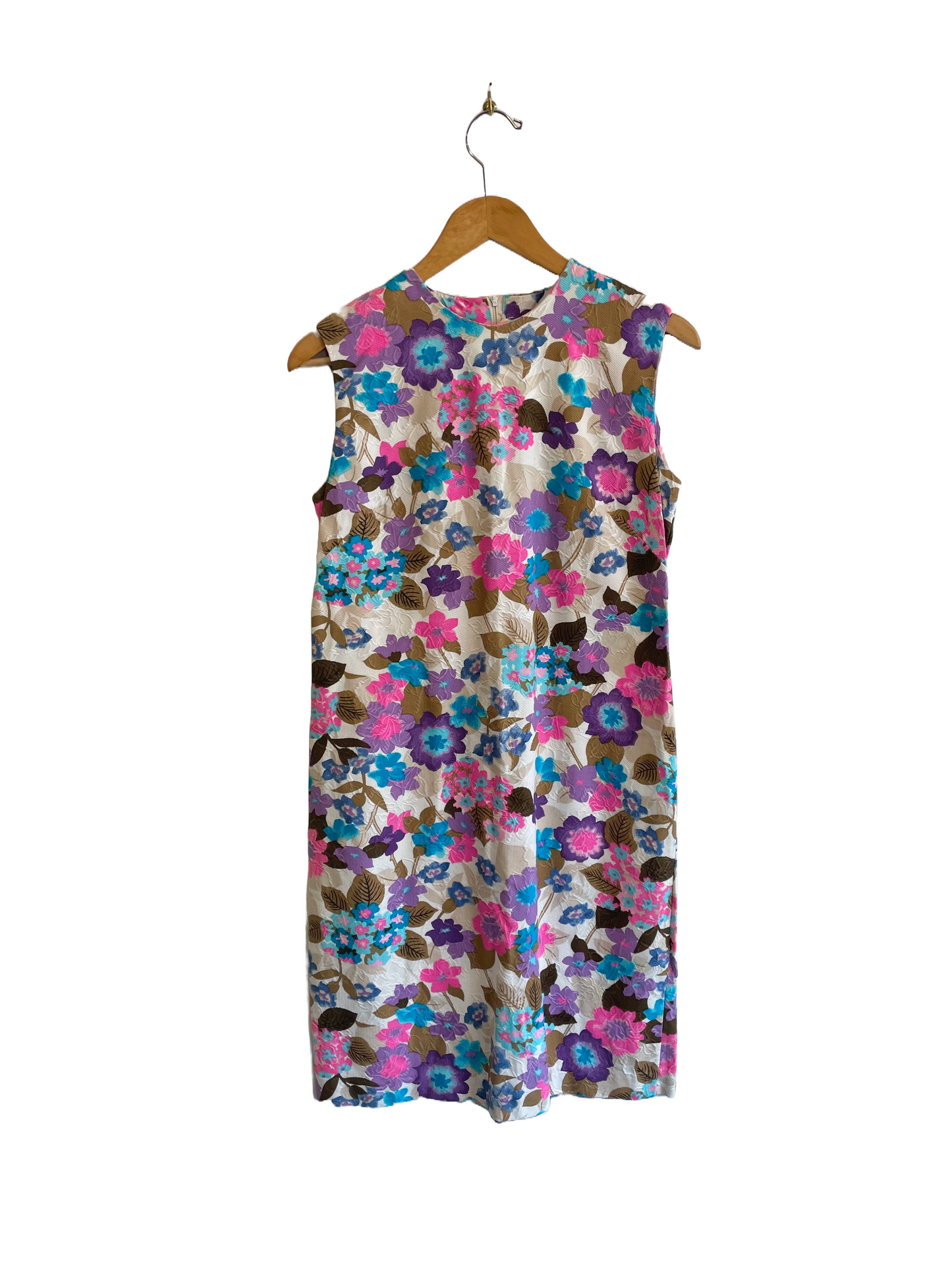 1970s White Pink Purple Textured Floral Print Sleeveless Midi Dress