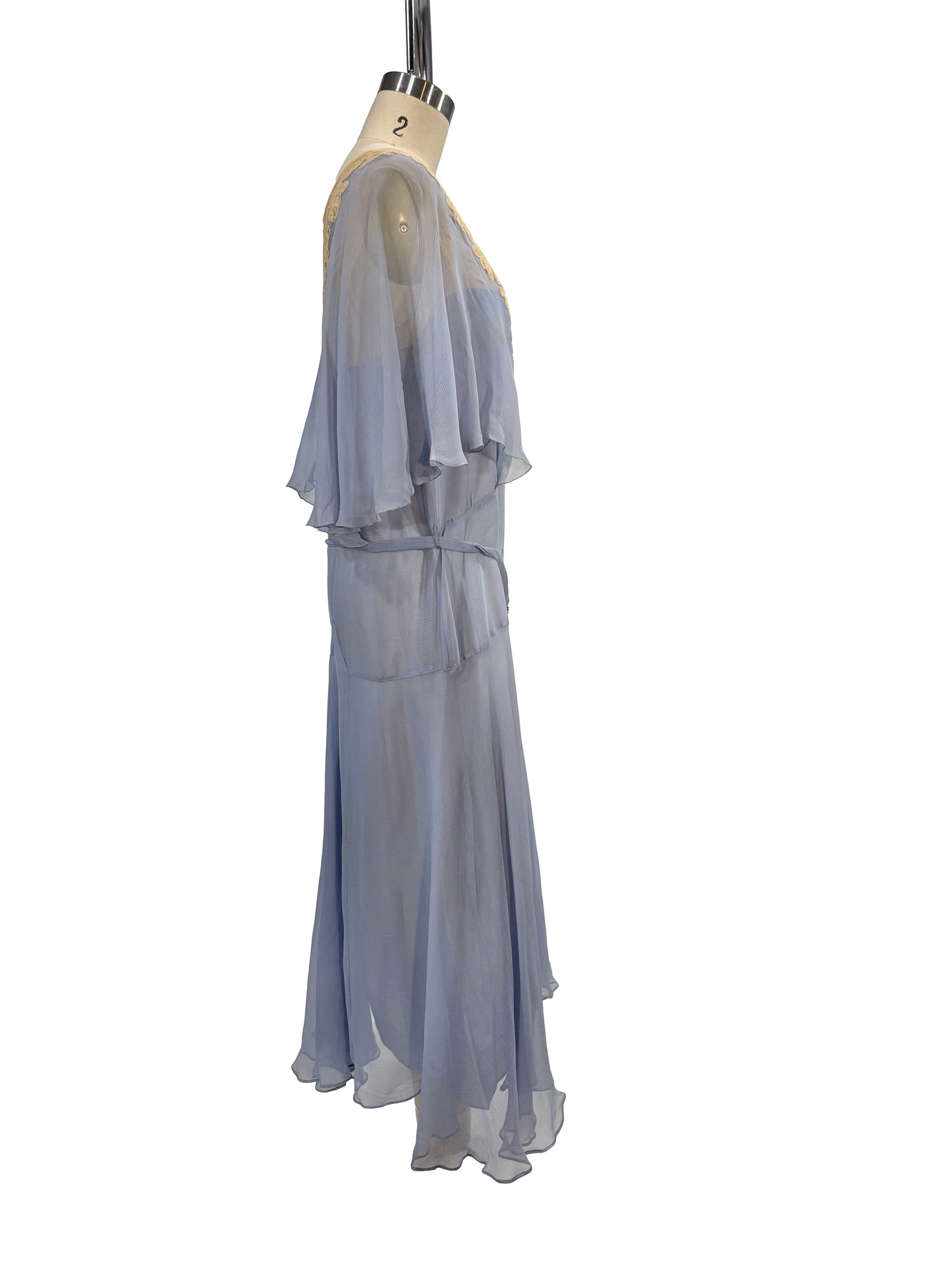 1930s Pale Blue Silk Chiffon Lace Deco Rhinestone Belt Formal Dress