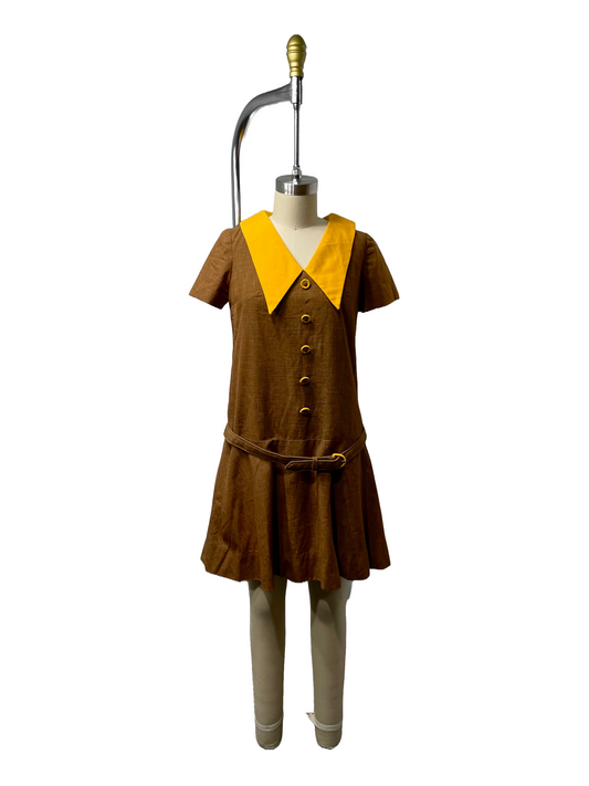1970s Brown Yellow Mod Dagger Collar Belted Scooter Dress