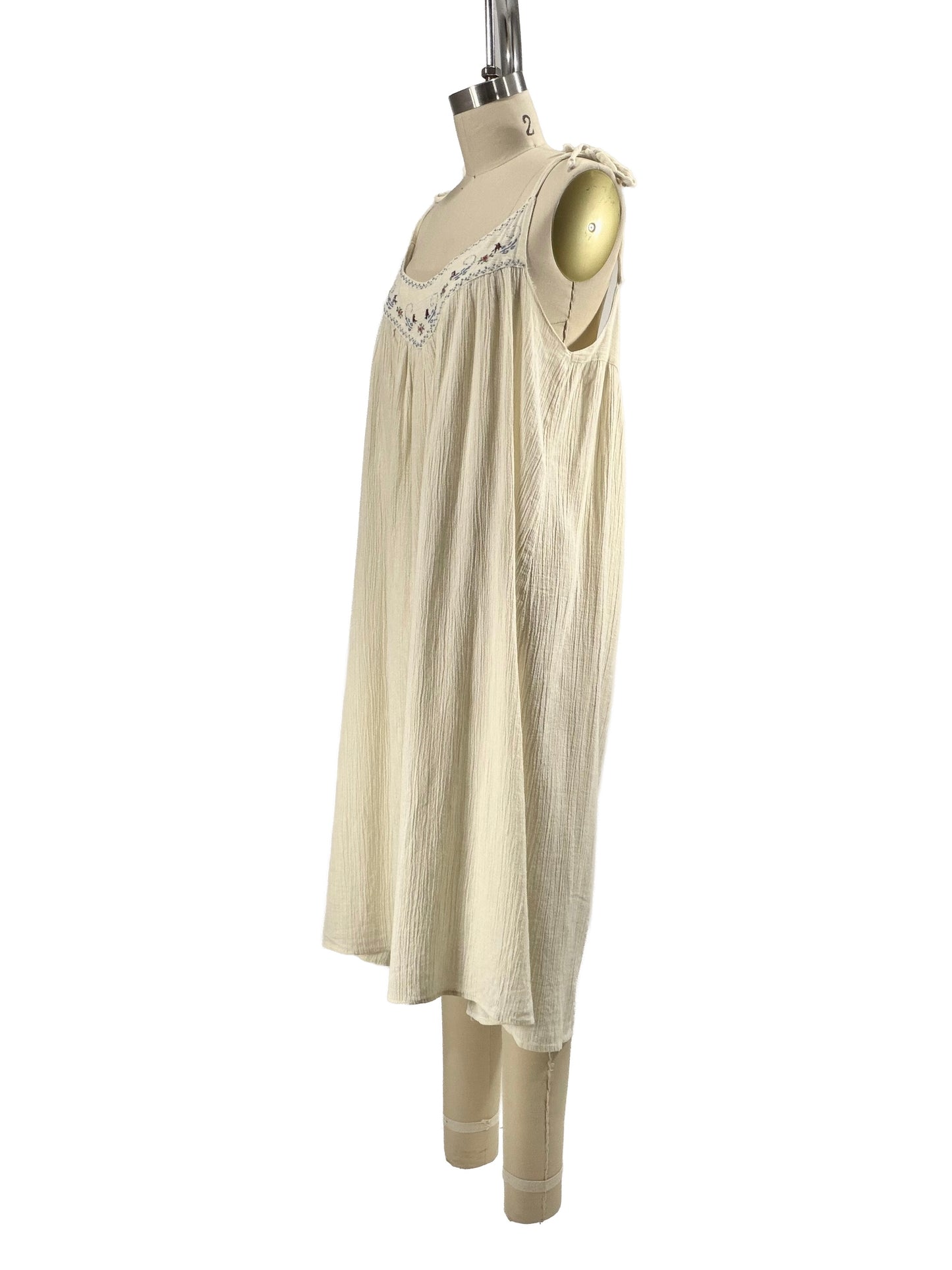 1970s White Gauzy Hand Embroidred Tie Strap Dress