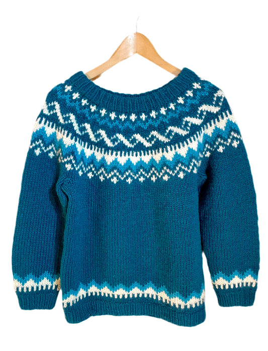 1960s Blue Cream Handknit Wool Fair Isle Sweater