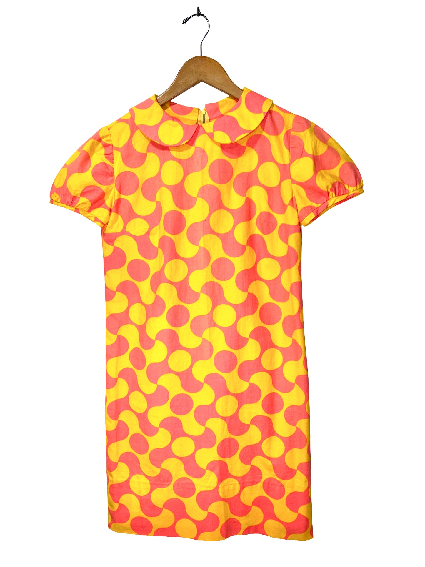 1960s Fluorescent Yellow Pink Op-Art Cotton Weave Shift Dress